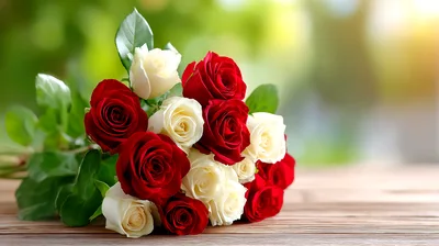 Bouquet Of Red And White Roses On Wooden Table