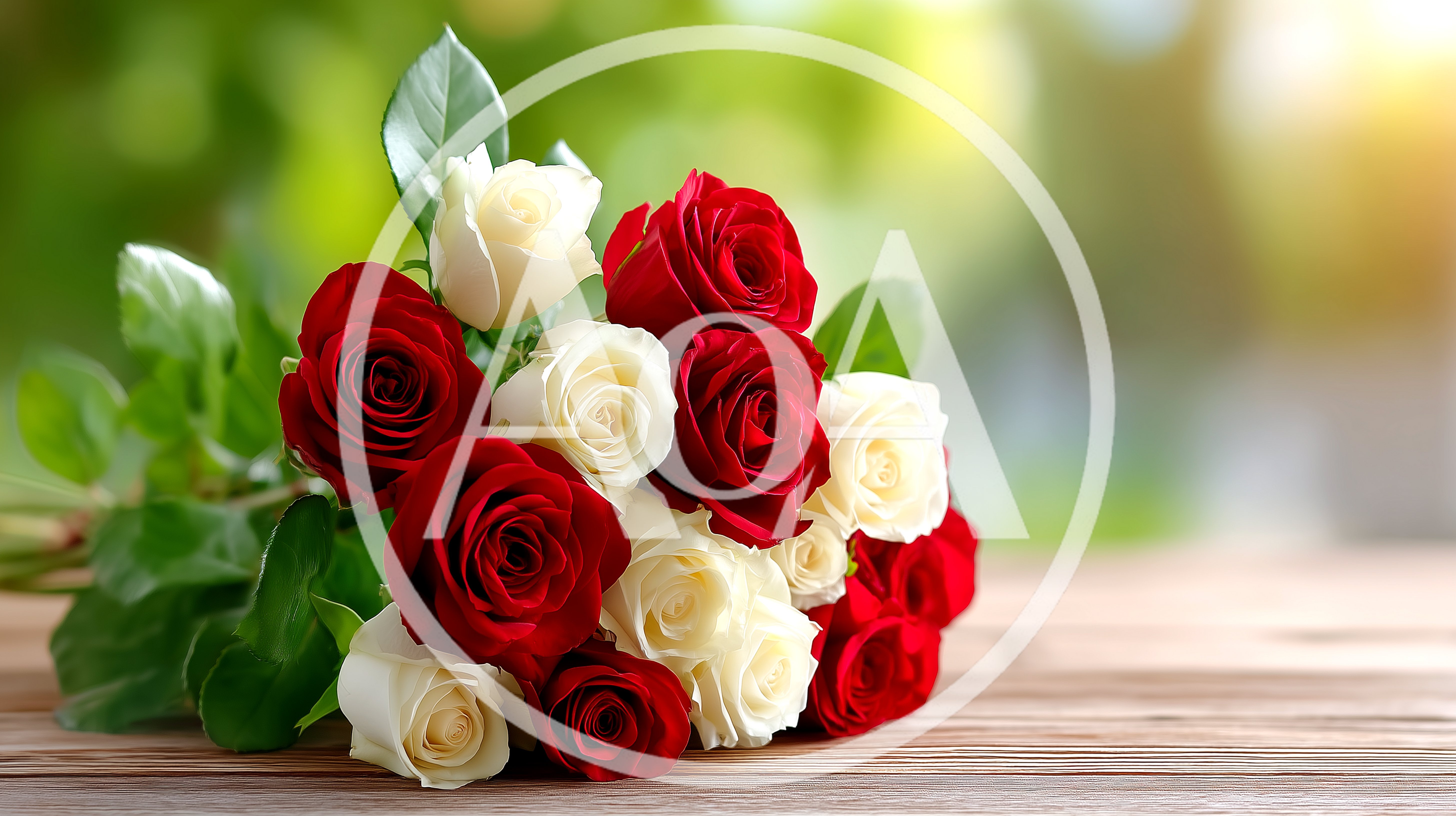 Bouquet Of Red And White Roses On Wooden Table