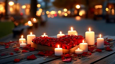 Heart Shaped Rose Petals With Lit Candles