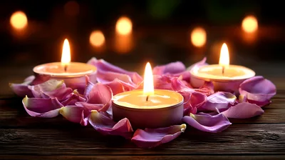 Three Lit Tea Light Candles With Pink Rose Petals
