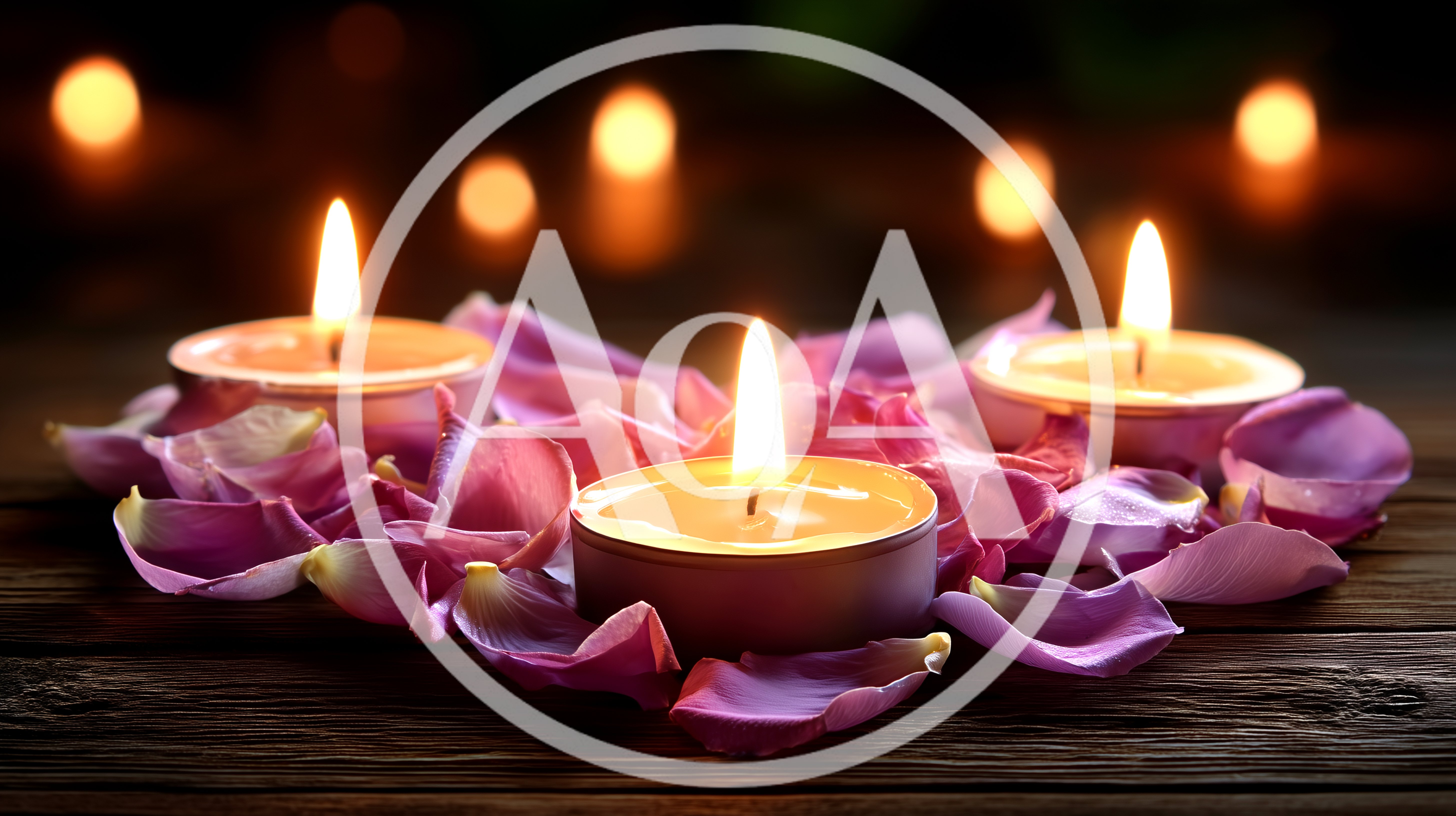 Three Lit Tea Light Candles With Pink Rose Petals