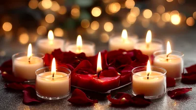 Lit Candles Surrounding A Heart Shaped Rose Petal Arrangement