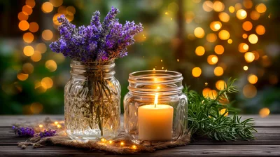 Lavender Bouquet and Lit Candle in Glass Jars