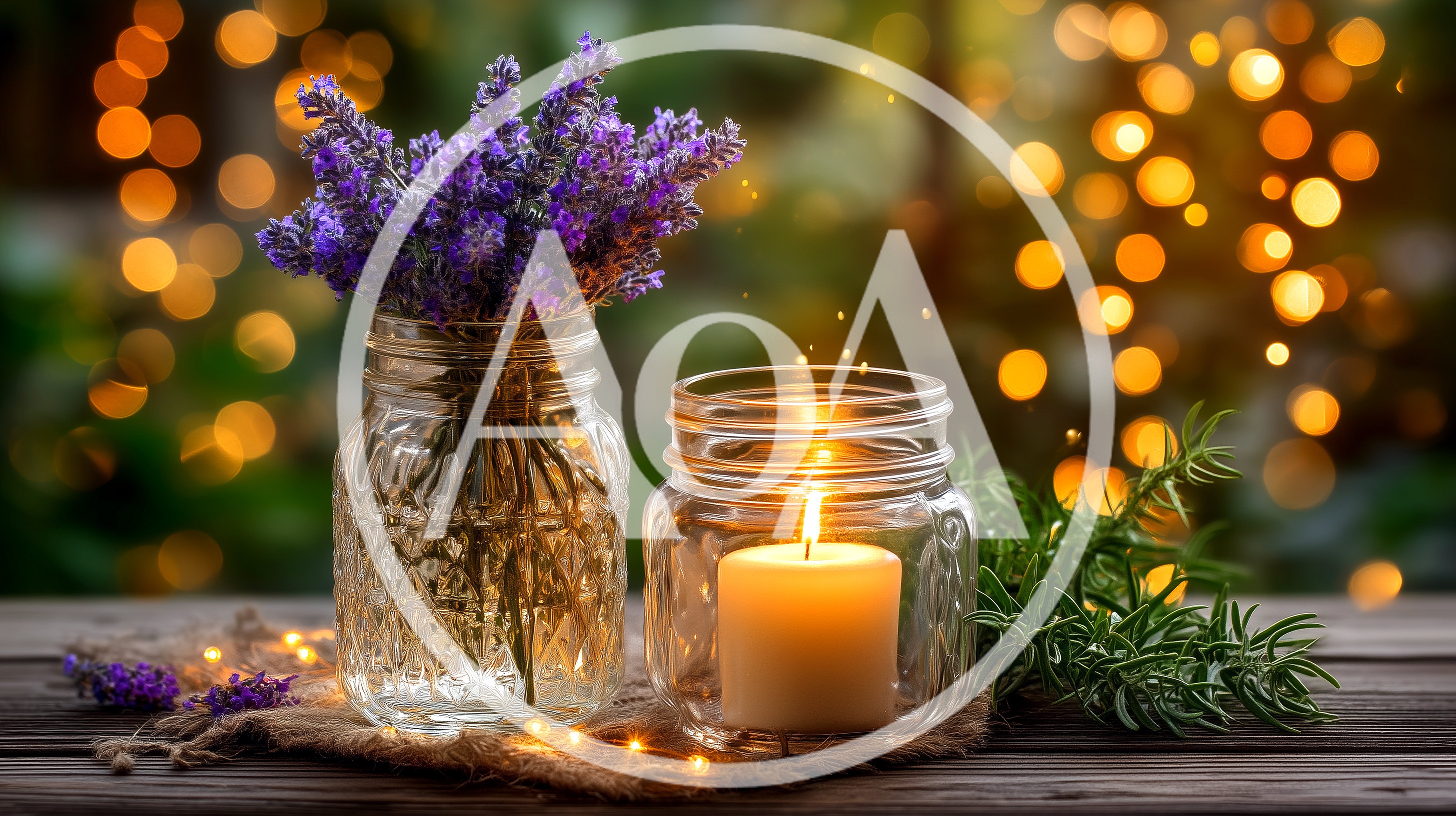 Lavender Bouquet and Lit Candle in Glass Jars
