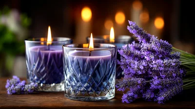 Three Lit Lavender Scented Candles With Fresh Flowers