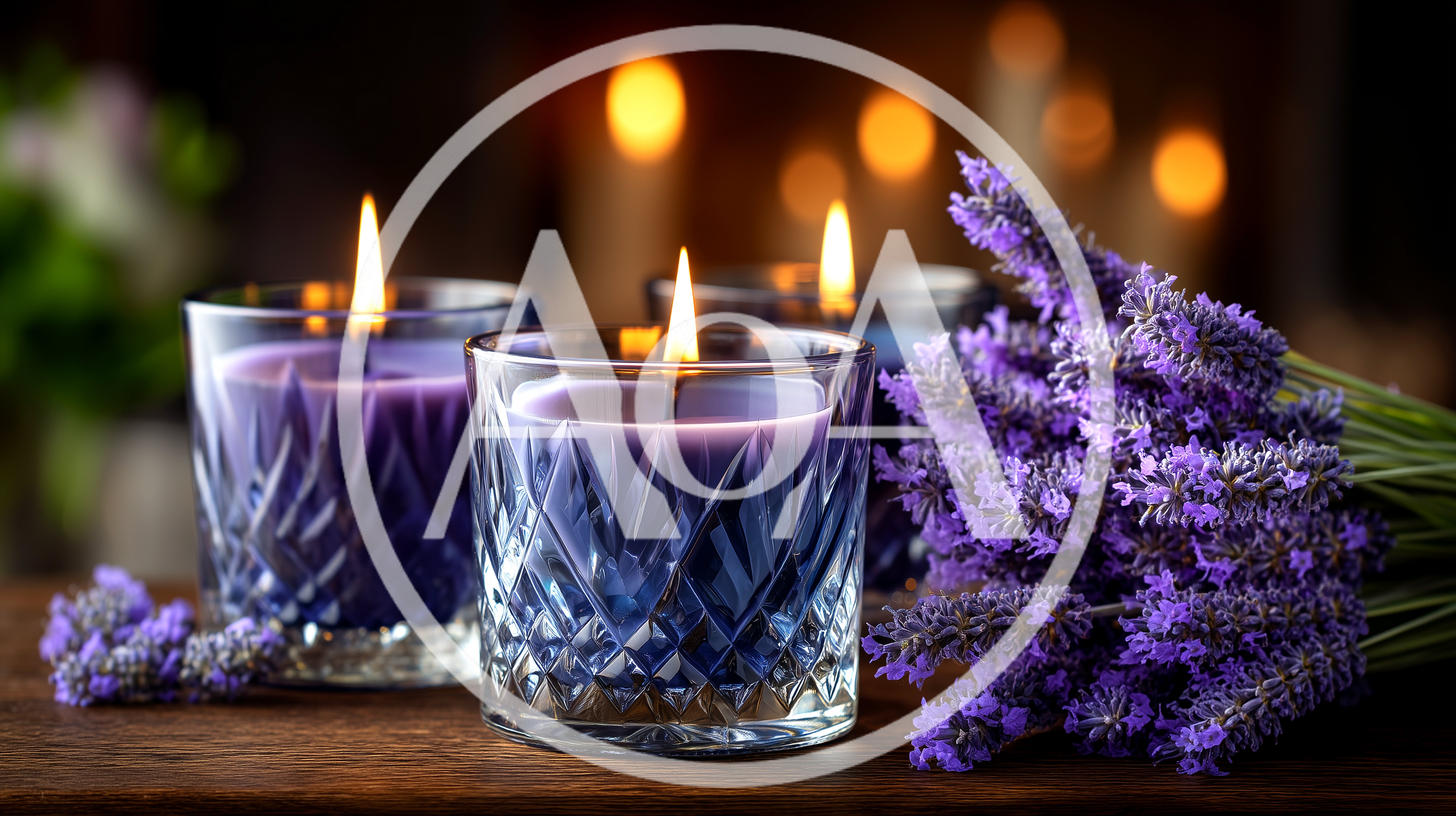 Three Lit Lavender Scented Candles With Fresh Flowers
