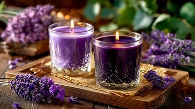 Two Lit Lavender Scented Candles On A Wooden Tray