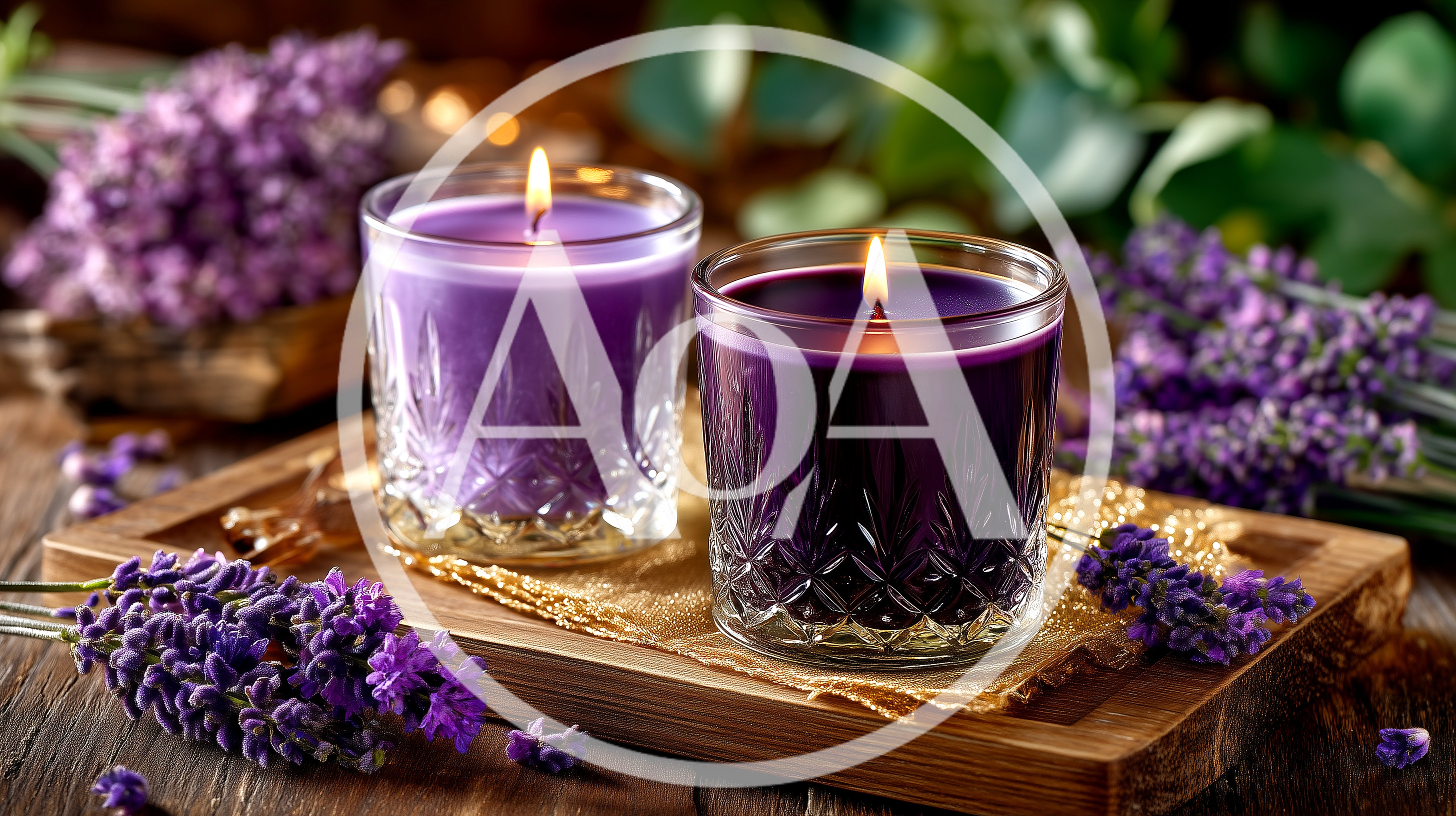 Two Lit Lavender Scented Candles On A Wooden Tray