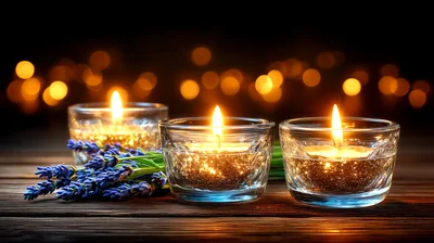 Three Lit Candles With Lavender Sprigs On Wooden Table