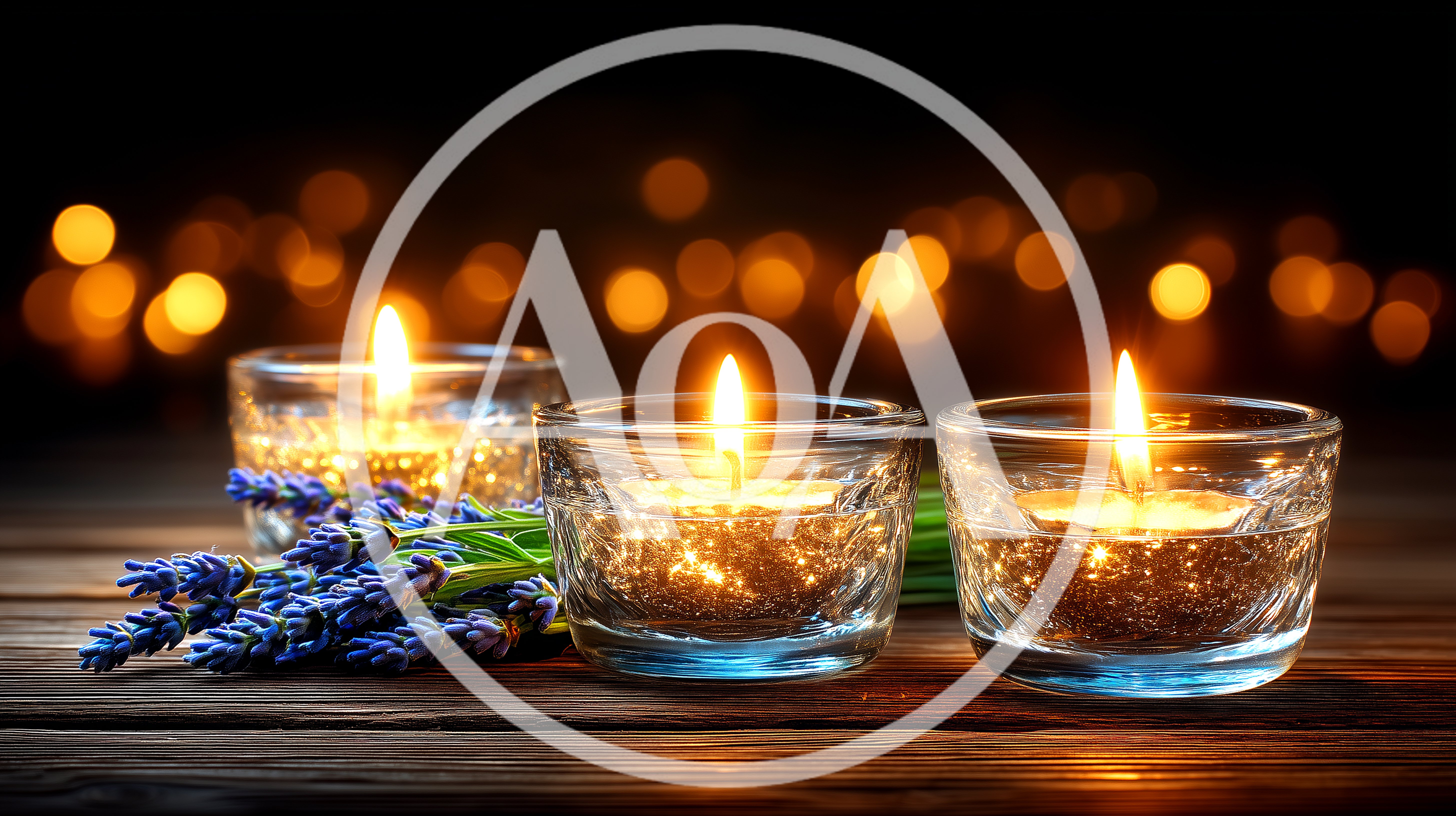 Three Lit Candles With Lavender Sprigs On Wooden Table
