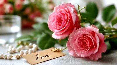 Two Pink Roses With A Love Note And Pearls