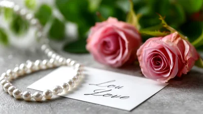 Pink Roses and Pearl Necklace on Grey Surface