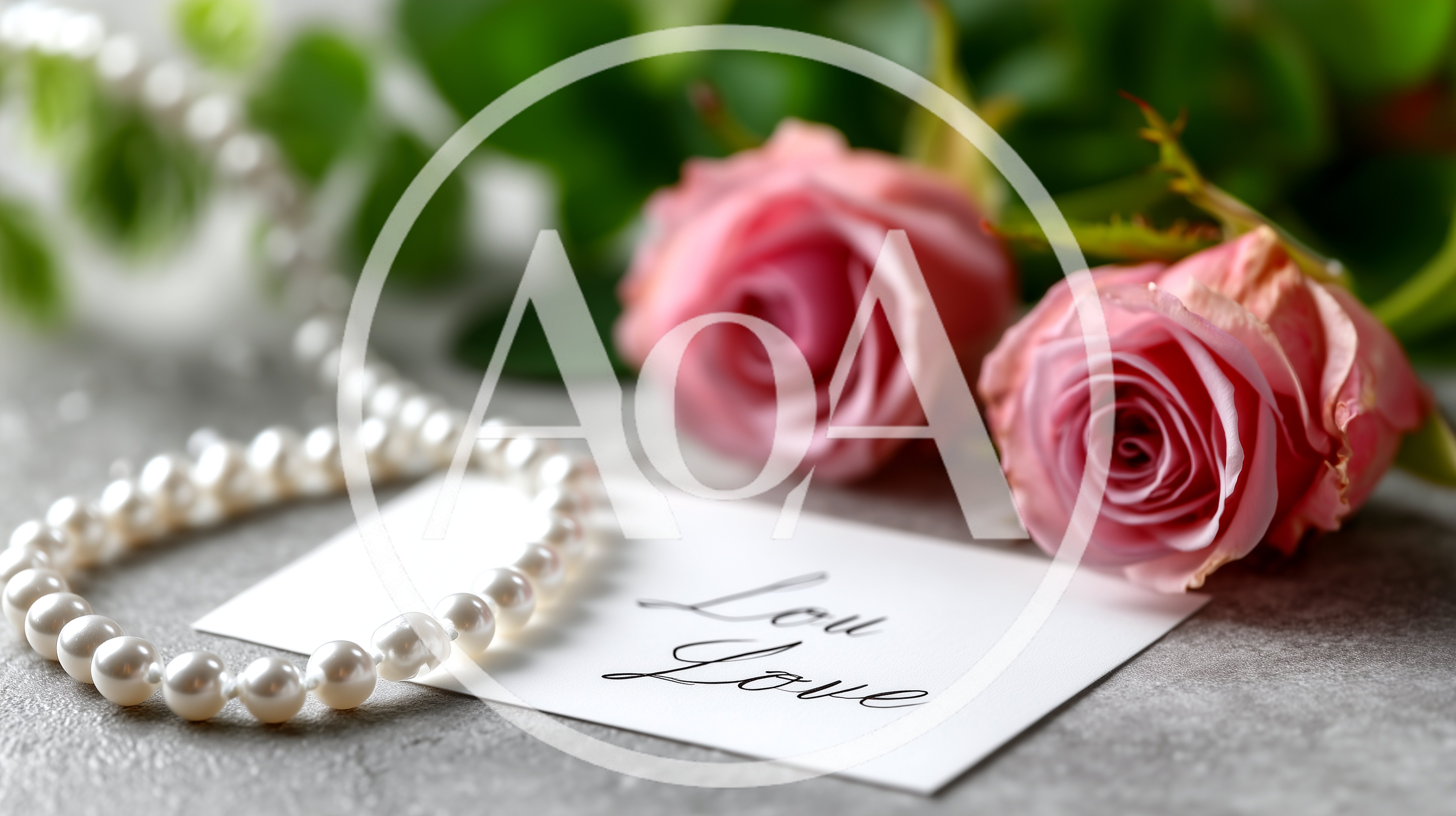 Pink Roses and Pearl Necklace on Grey Surface