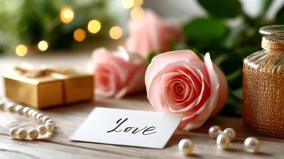 Romantic Pink Roses With Love Note And Pearls
