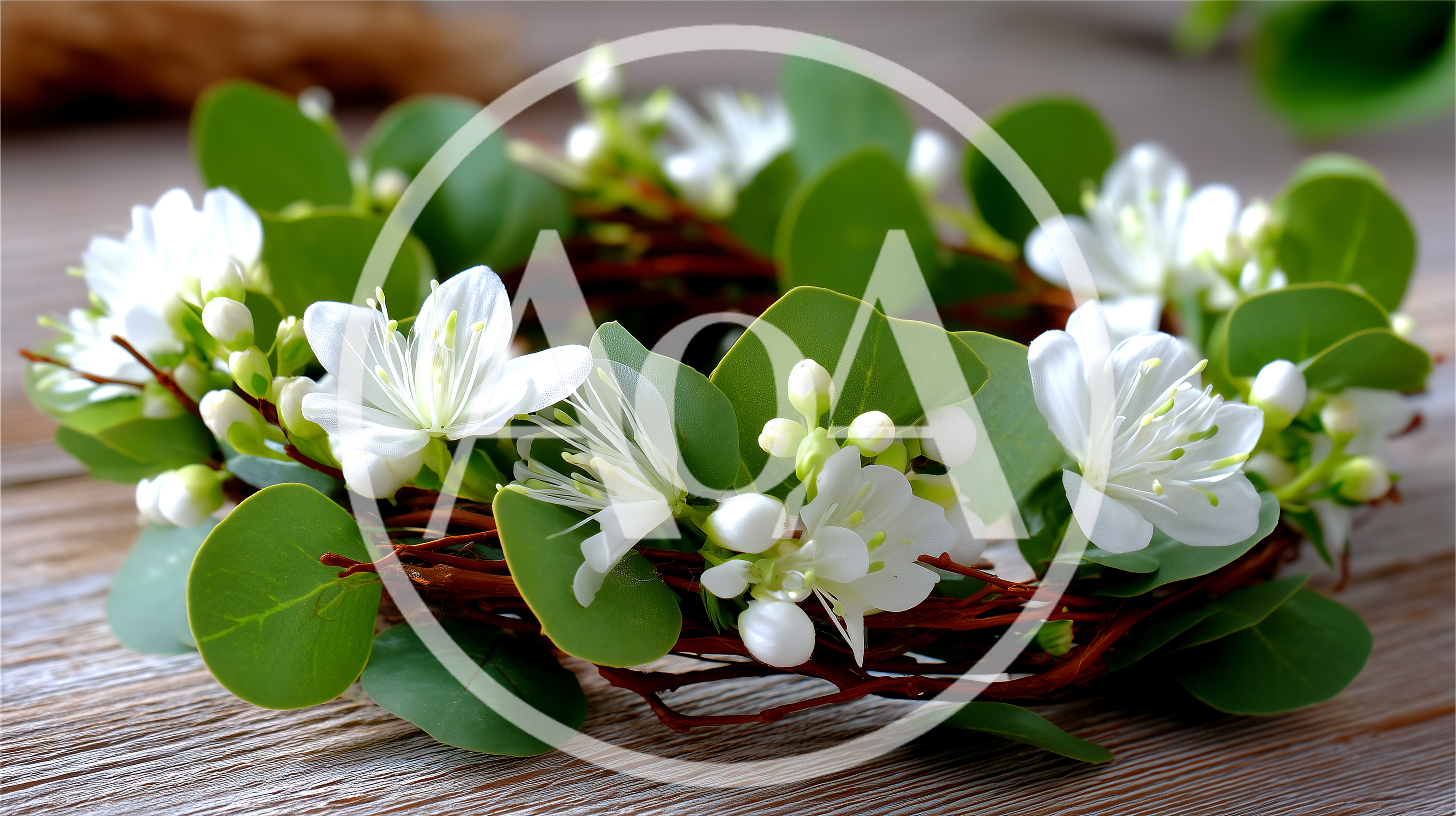Floral Crown With White Blossoms And Green Leaves