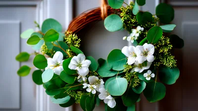 Eucalyptus And White Flower Wreath On Door