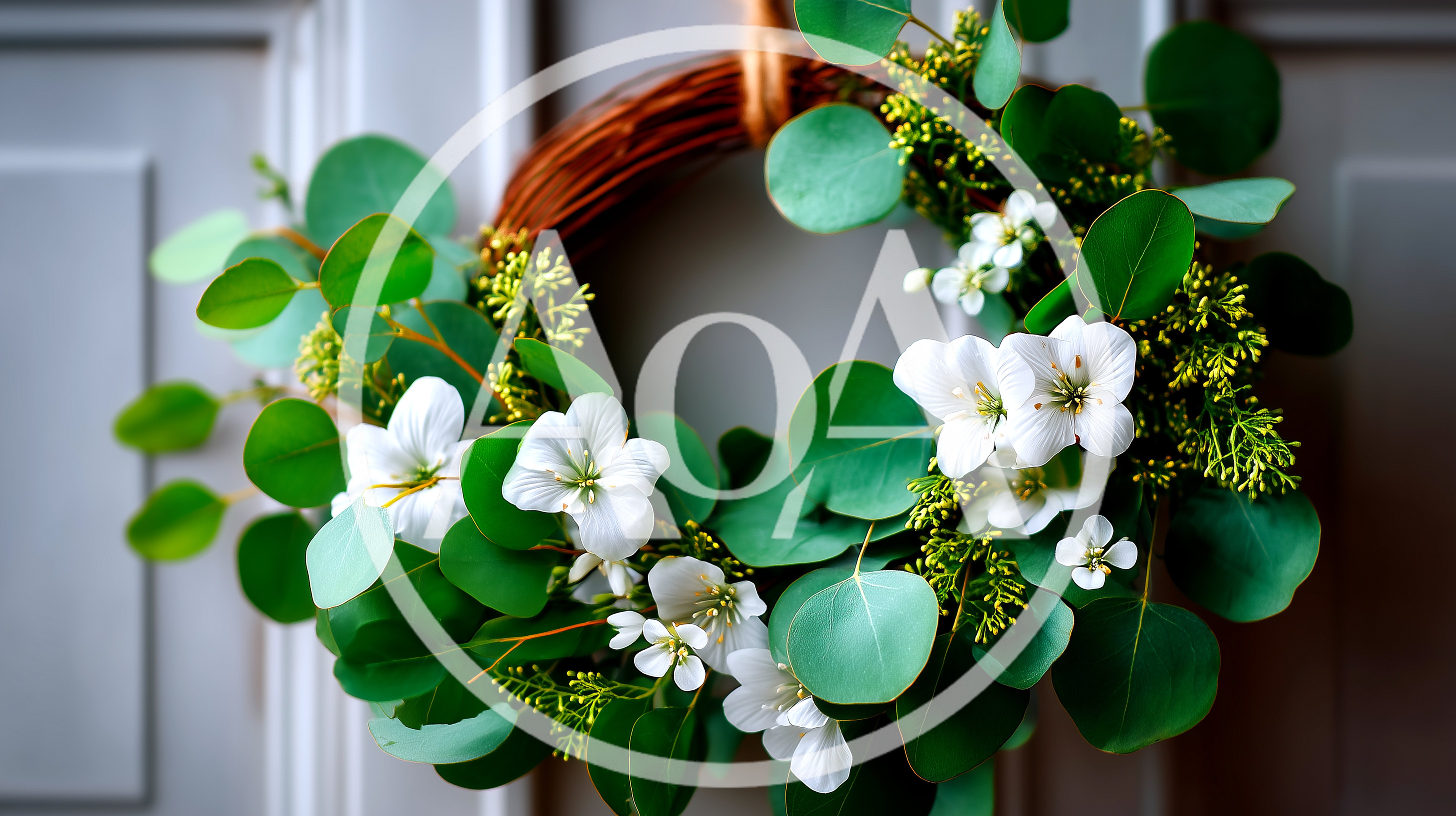 Eucalyptus And White Flower Wreath On Door