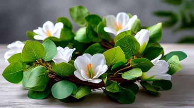 White Magnolia Flower Wreath On Wooden Table