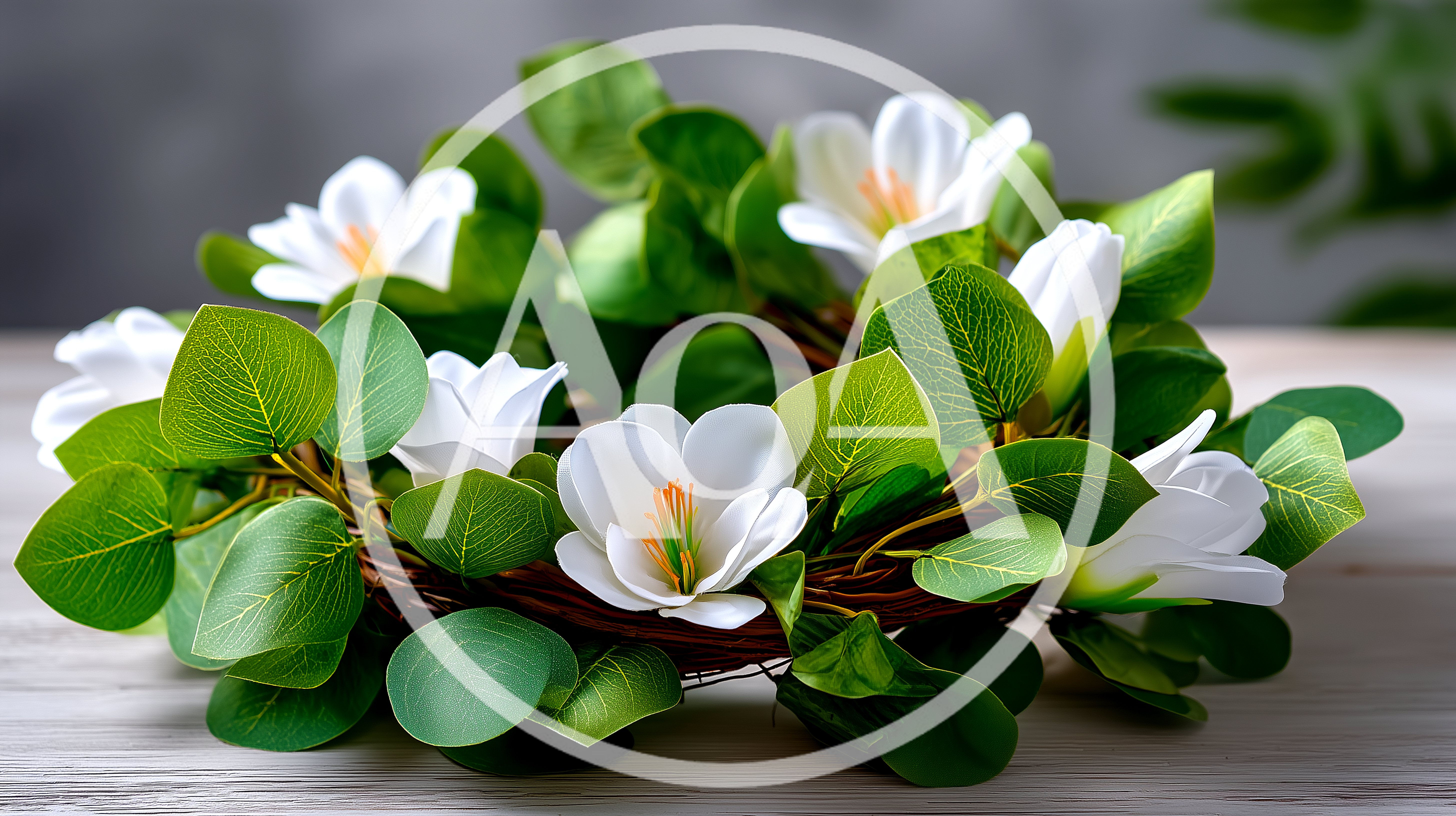 White Magnolia Flower Wreath On Wooden Table