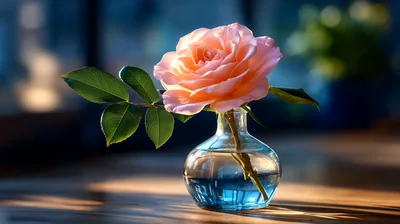 Single Peach Rose In A Glass Vase