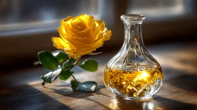 Yellow Rose Beside A Crystal Perfume Bottle