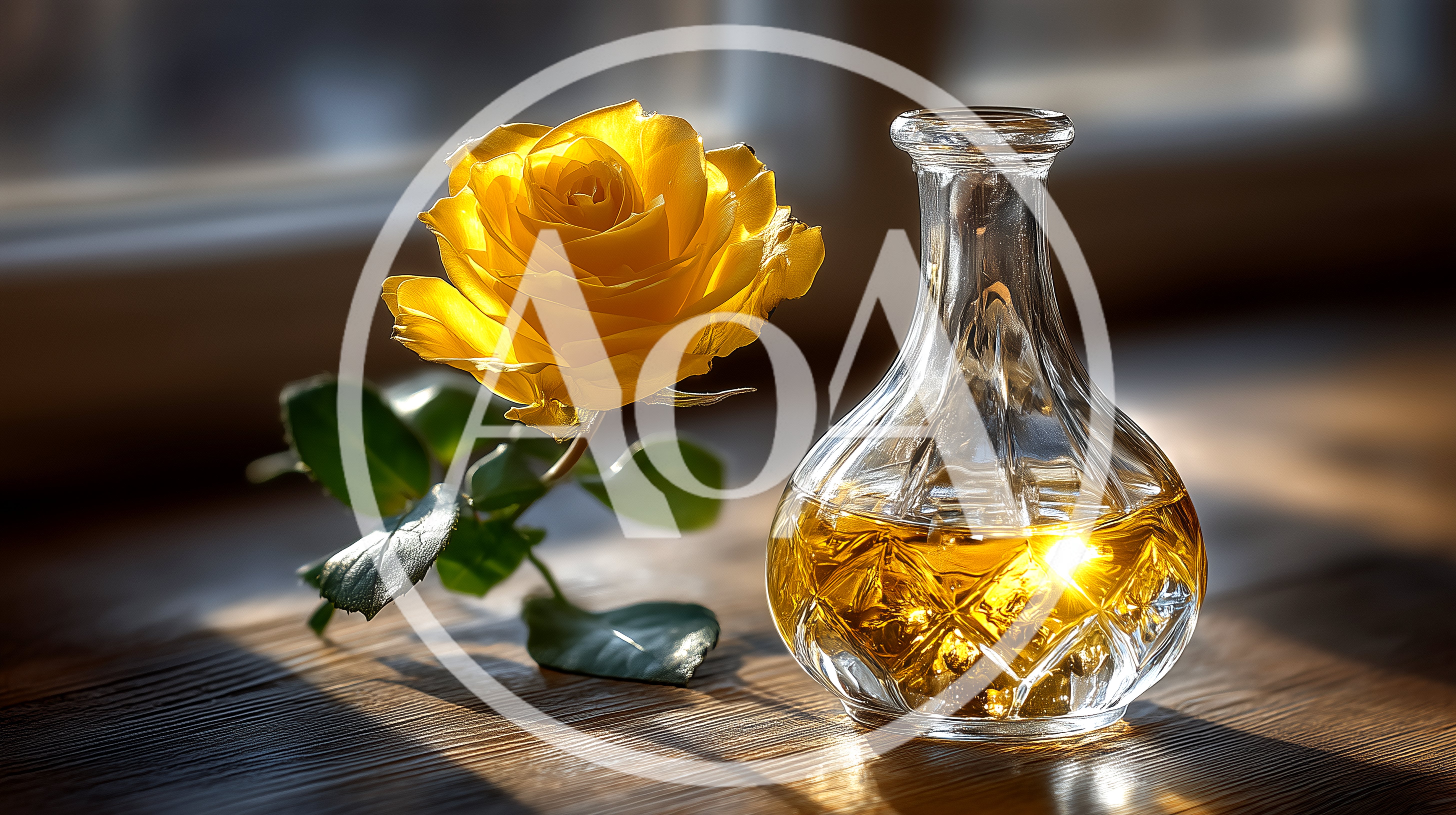 Yellow Rose Beside A Crystal Perfume Bottle