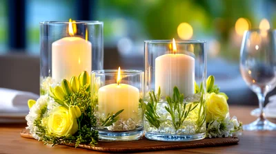 Elegant Candle Centerpiece With Yellow Flowers On Table