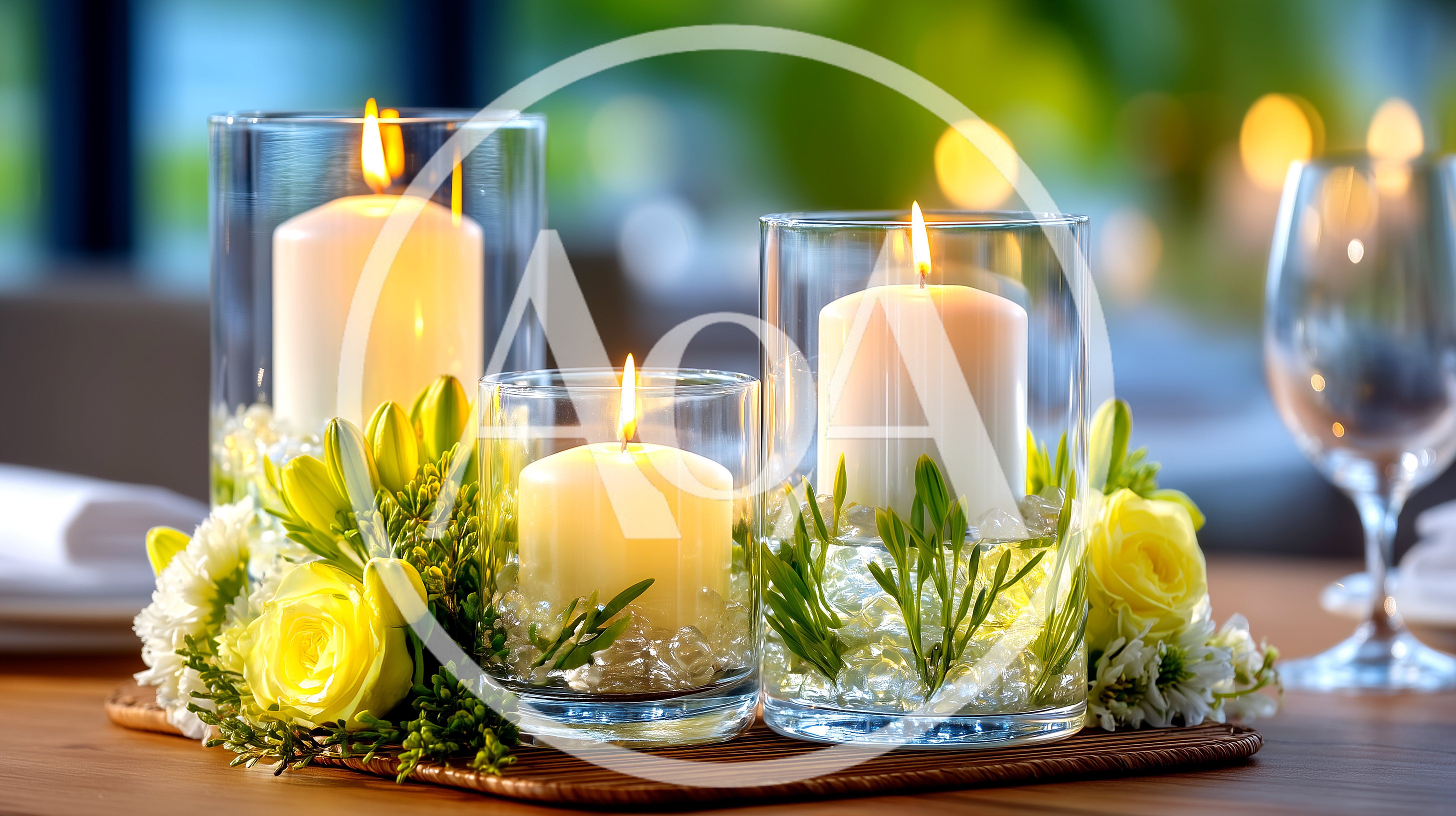 Elegant Candle Centerpiece With Yellow Flowers On Table