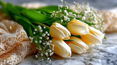 Bouquet Of Pale Yellow Tulips With Baby Breath