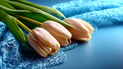 Three Pale Pink Tulips On Blue Lace Fabric