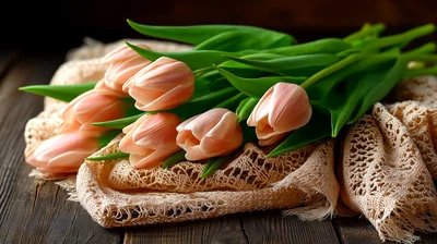 Bouquet Of Soft Peach Tulips On Lace Fabric