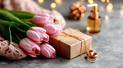 Pink Tulips And Gift Box With Jewelry