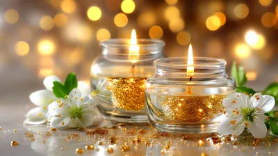 Two Lit Candles In Glass Jars With Gold Glitter
