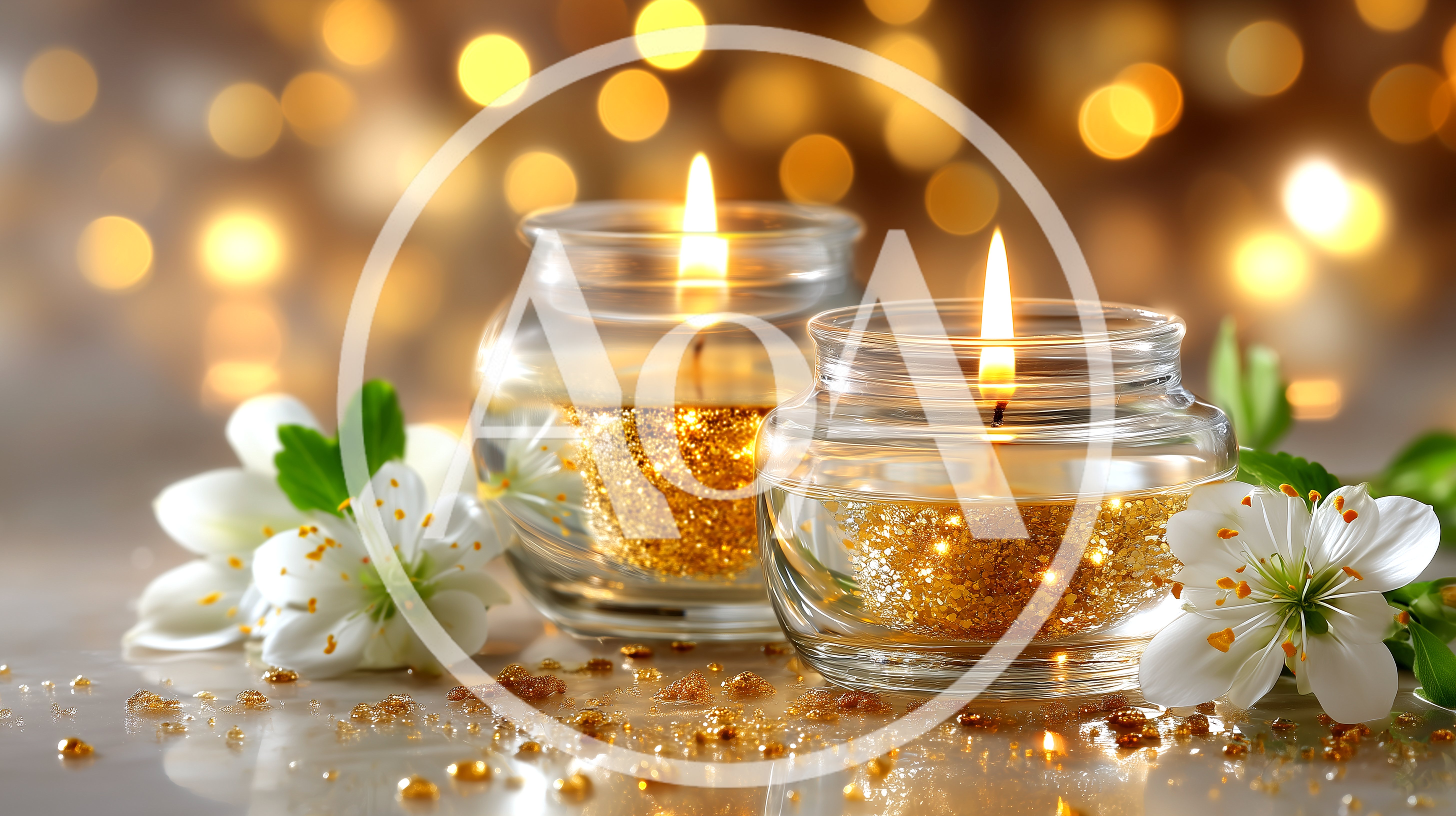 Two Lit Candles In Glass Jars With Gold Glitter