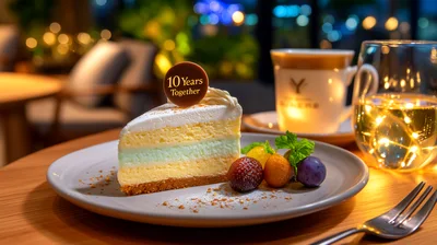 Slice Of Layered Cheesecake With Anniversary Topper