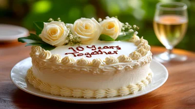 Anniversary Cake With Roses And Wine Glass