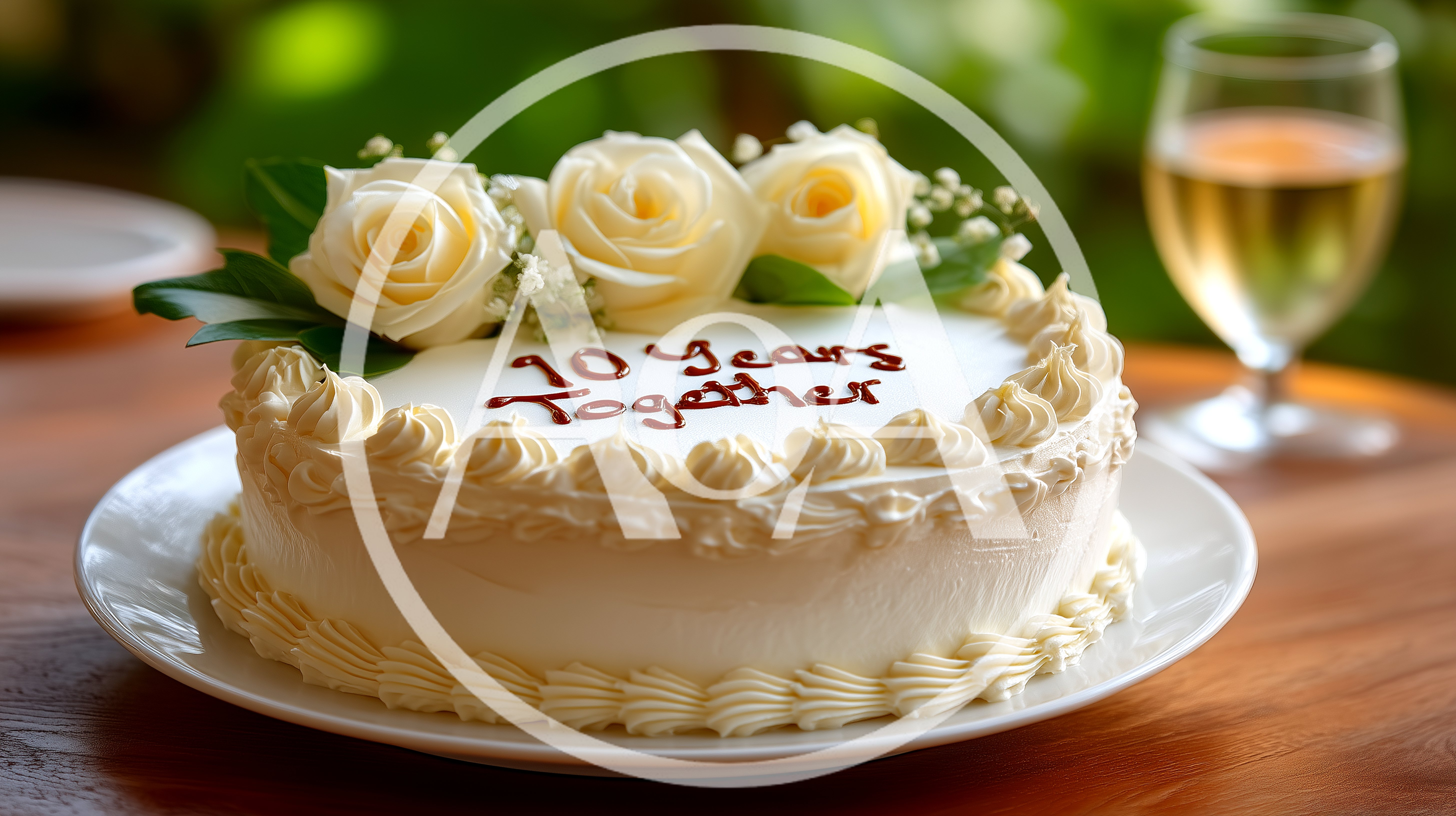 Anniversary Cake With Roses And Wine Glass