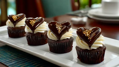 Four Chocolate Cupcakes Topped With Heart Shaped Ganache