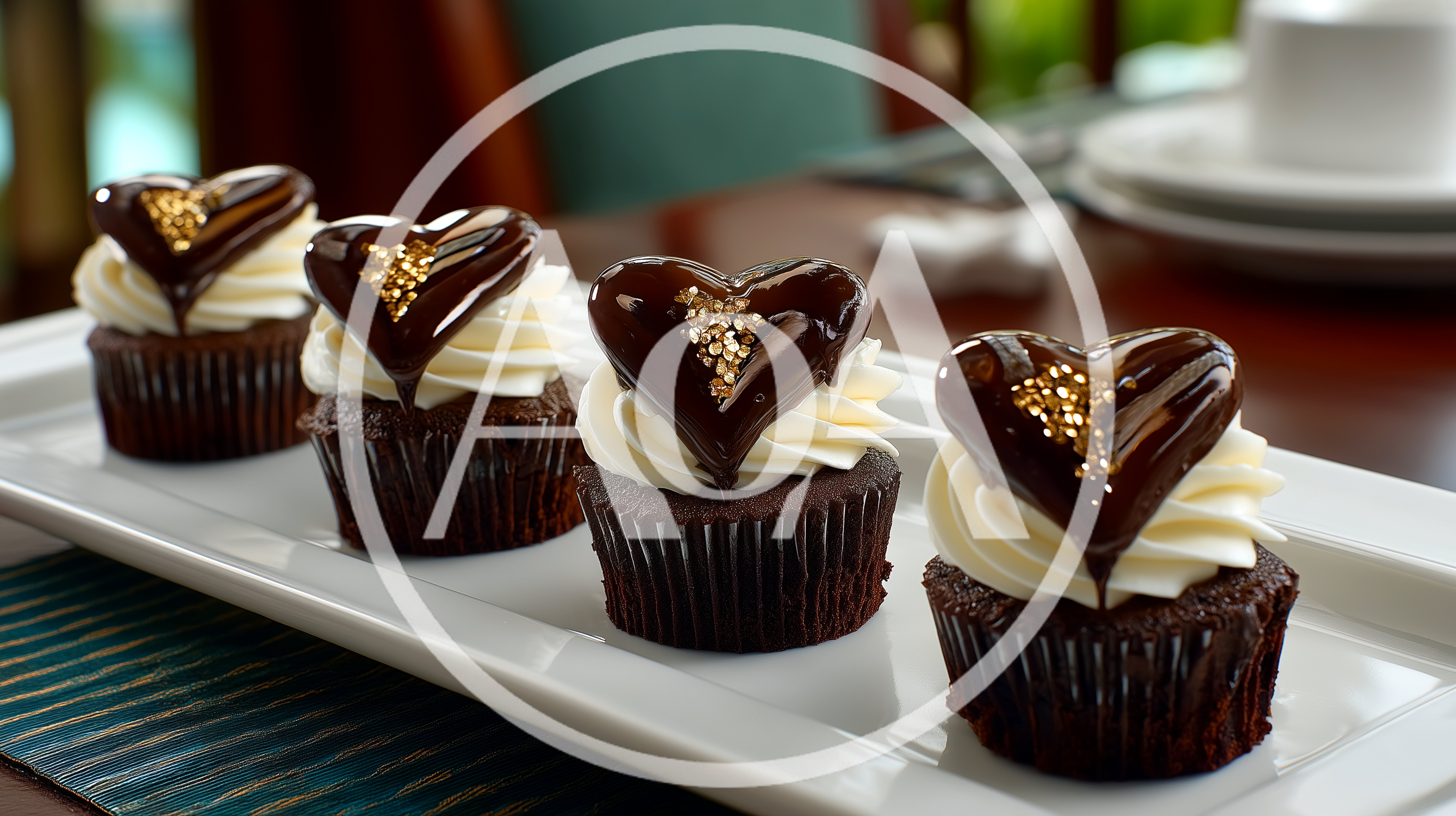Four Chocolate Cupcakes Topped With Heart Shaped Ganache