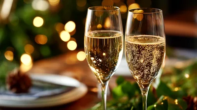 Two Flutes Of Sparkling Champagne On A Festive Table