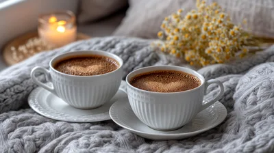 Two Cups Of Coffee On A Cozy Knitted Blanket