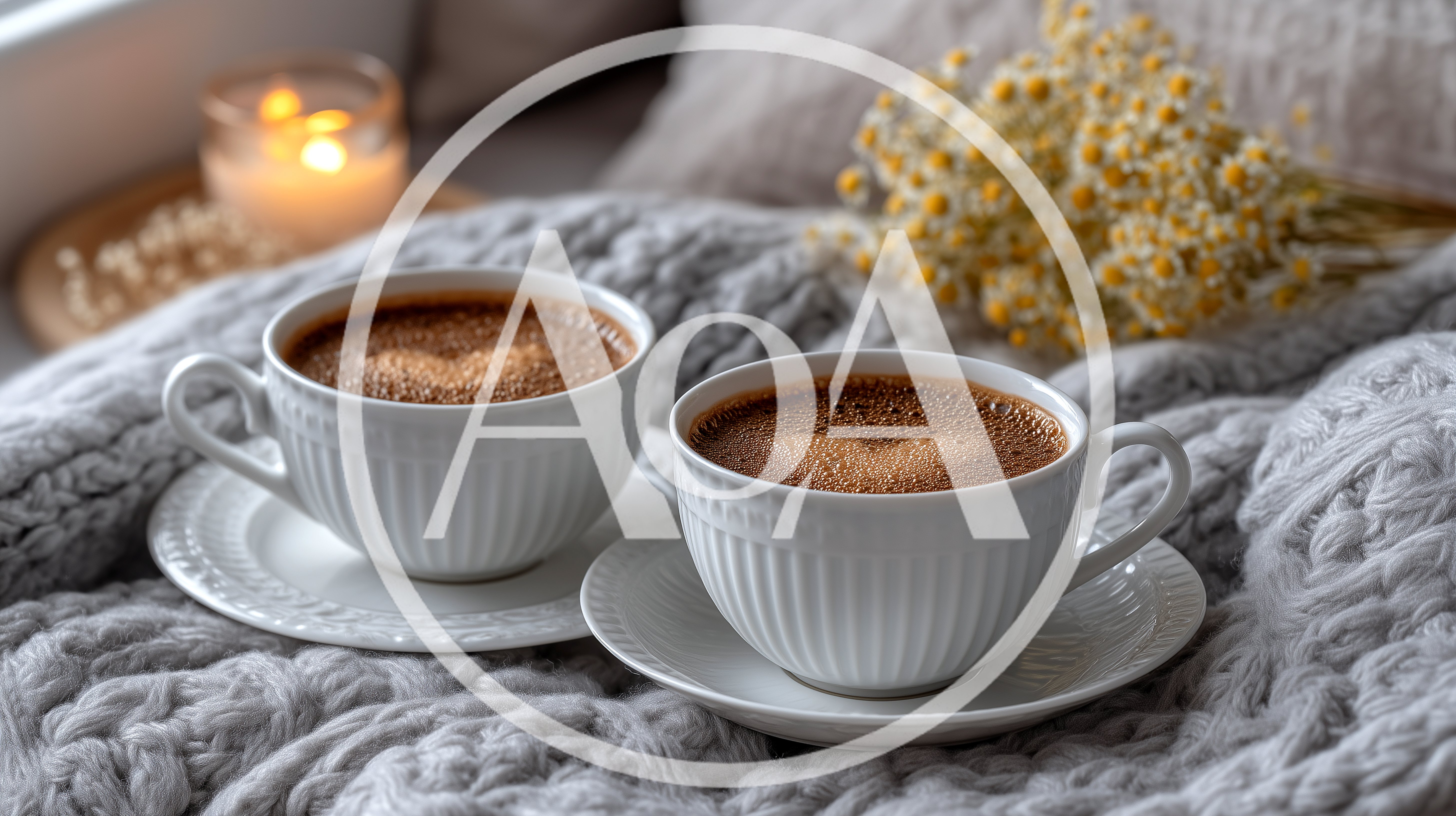 Two Cups Of Coffee On A Cozy Knitted Blanket