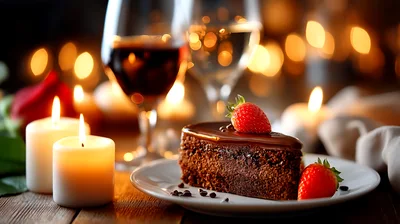 Chocolate Cake Slice With Strawberries And Candles