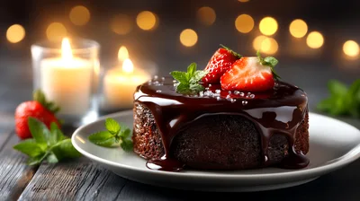 Chocolate Ganache Cake With Fresh Strawberries And Mint