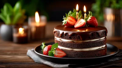 Chocolate Layer Cake With Strawberries And Candles