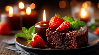 Chocolate Cake With Strawberries And Lit Candle