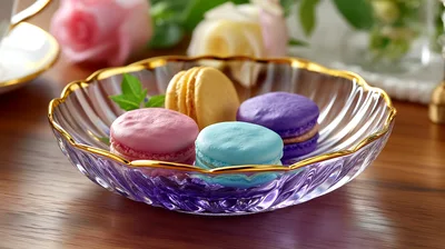 Colorful Macarons Served In A Decorative Glass Bowl