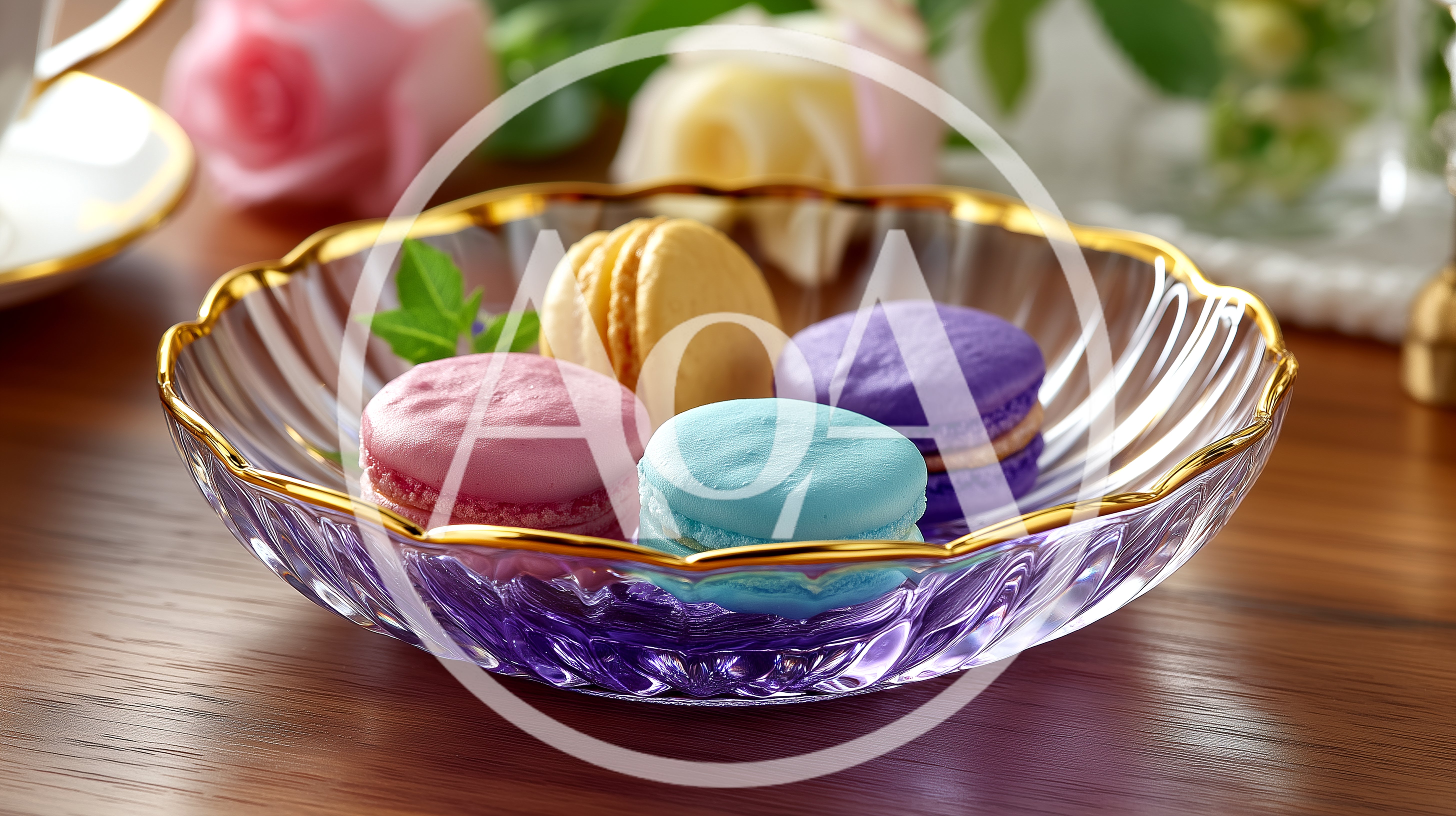 Colorful Macarons Served In A Decorative Glass Bowl