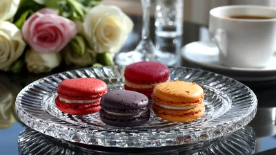 Colorful Macarons On A Crystal Plate With Coffee