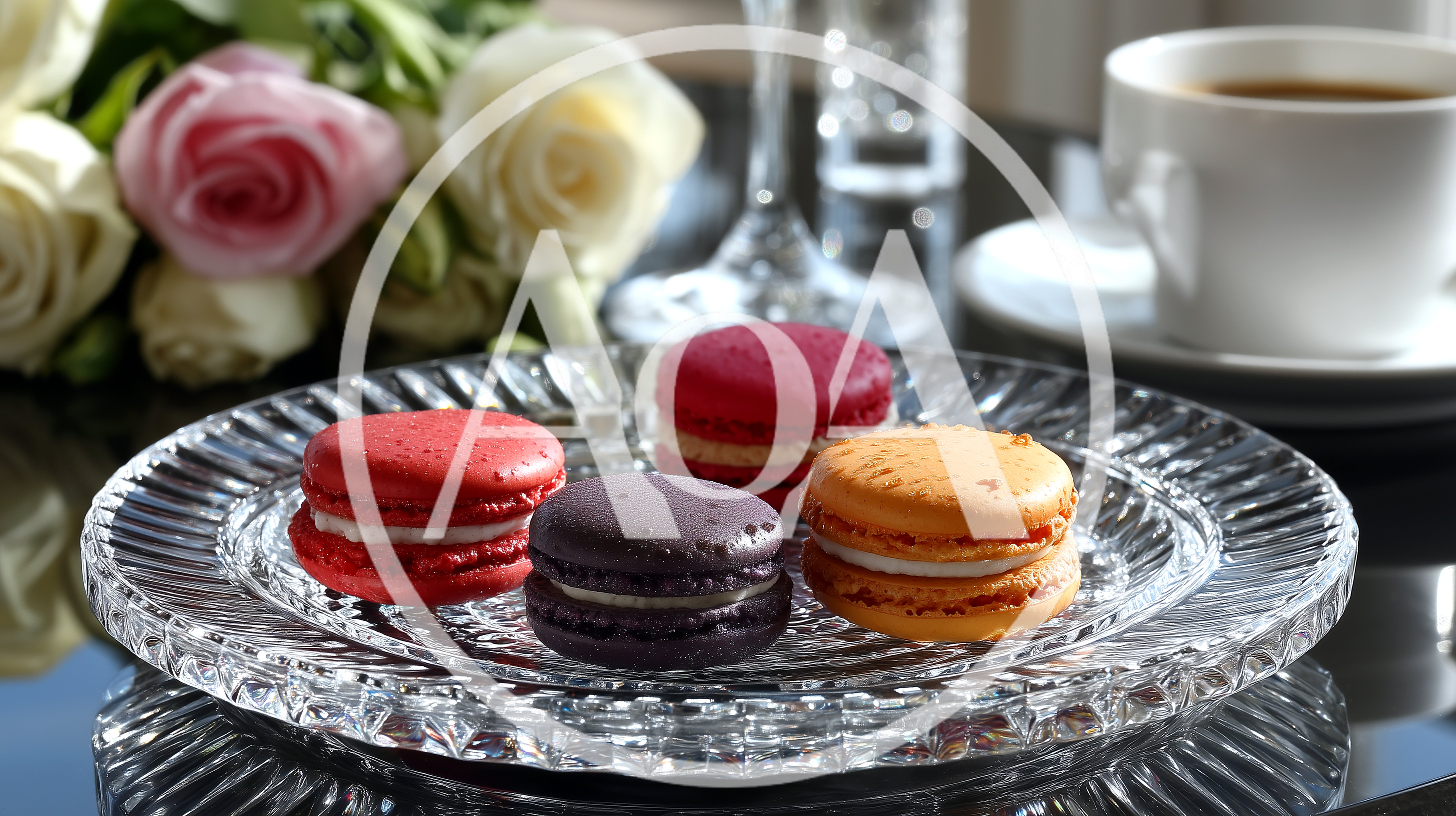 Colorful Macarons On A Crystal Plate With Coffee